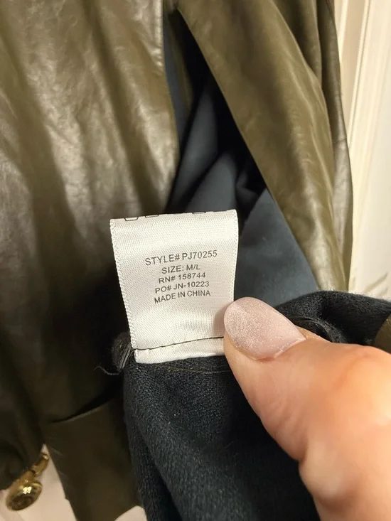 Olive Faux Leather Jacket Women M/L Open Front Lightweight Chic Rare by p. Cill - Picture 9 of 10